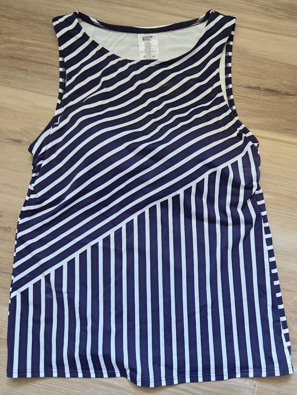 Lands End Swim Top, Navy Stripe, Molded Shelf Bra